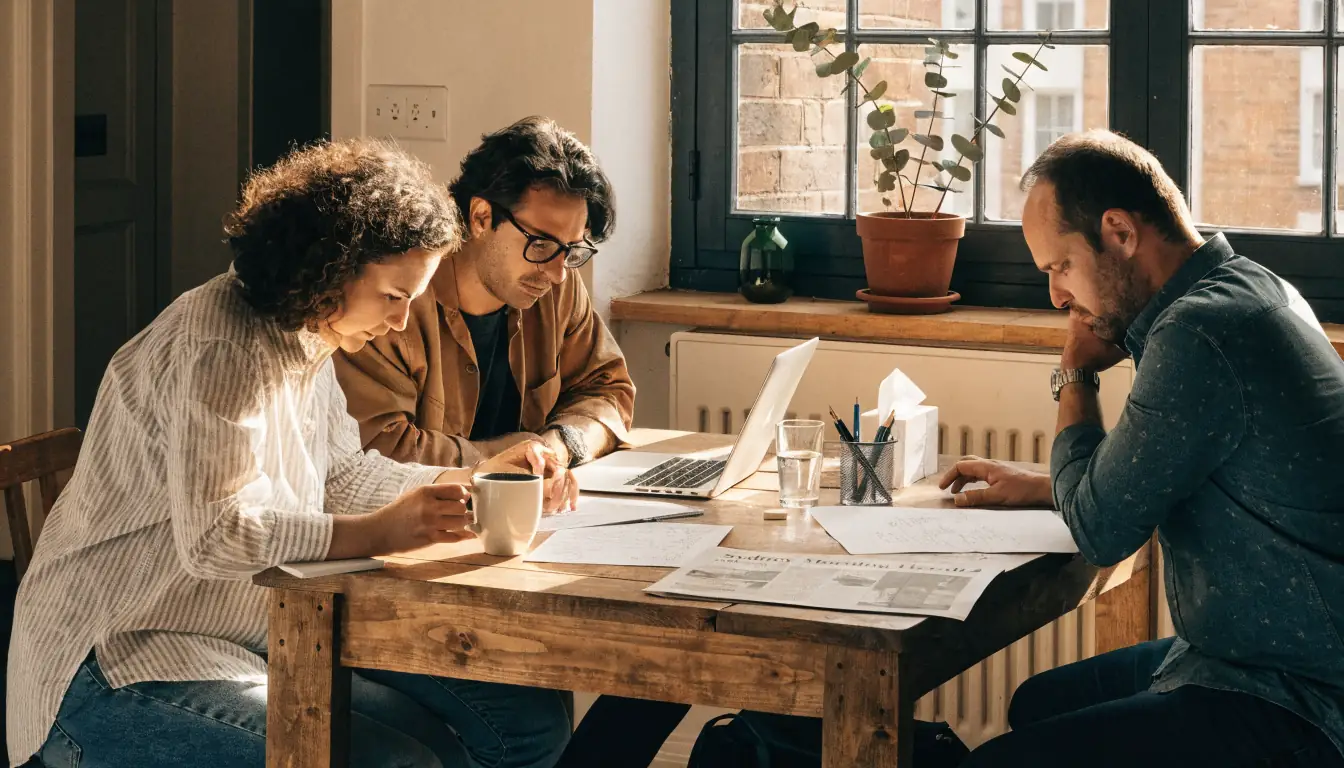 Small editorial team reviewing notes at a sunlit table in Sydney workspace