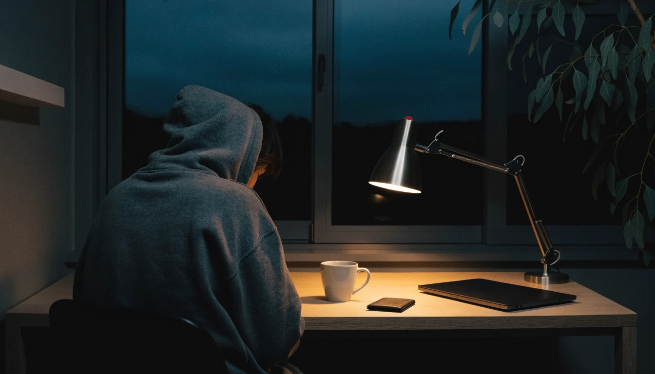 Anonymous Australian crypto gambler at desk at night with closed laptop