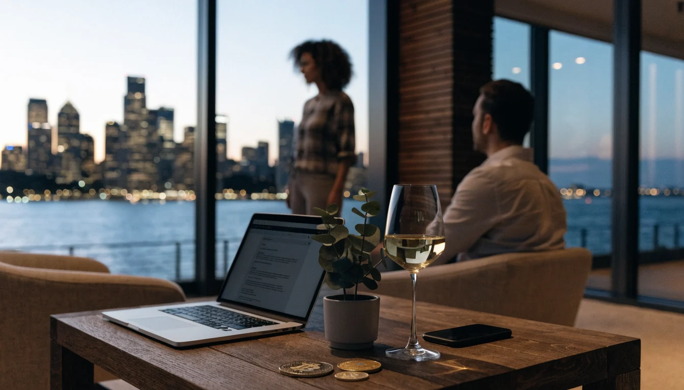 Australian home interior overlooking Sydney harbour at dusk with laptop and cryptocurrency coins on table