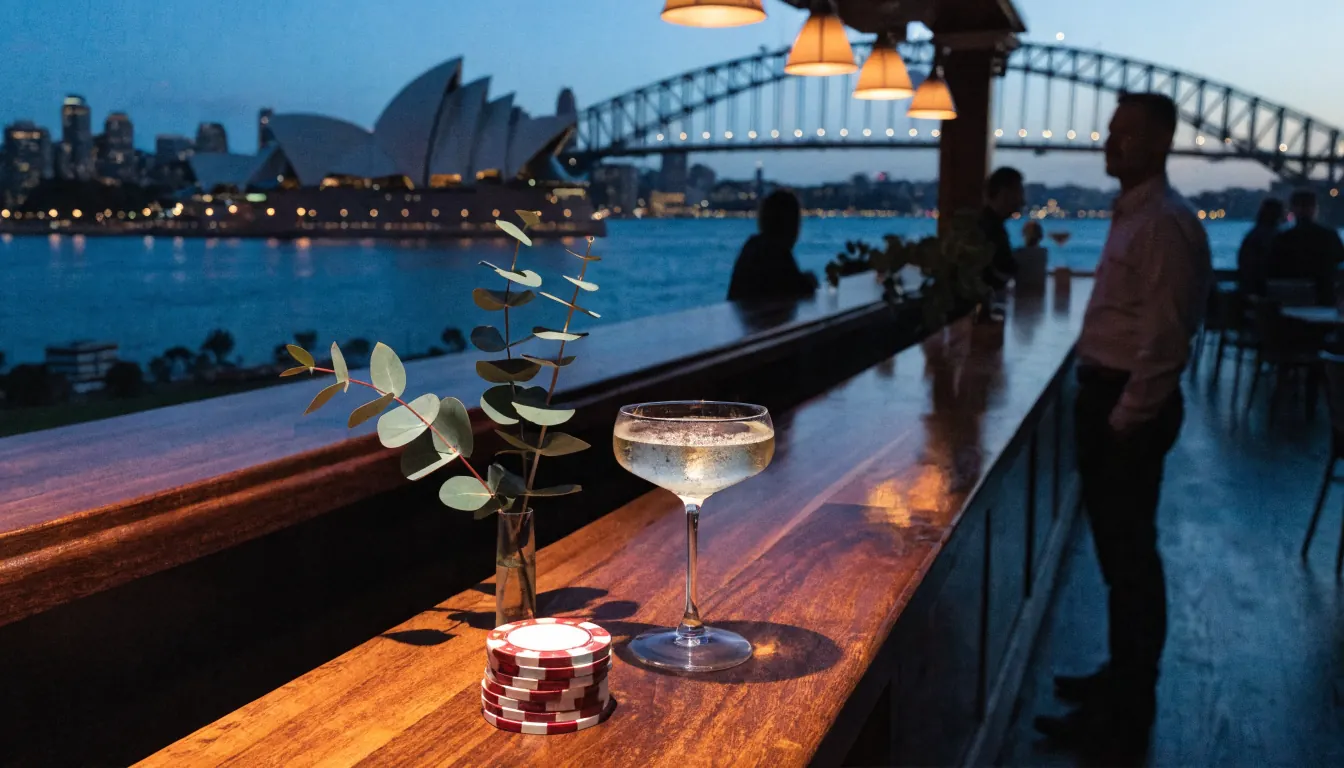 Sydney rooftop lounge at twilight with Harbour Bridge, poker chips and sparkling wine on bar counter