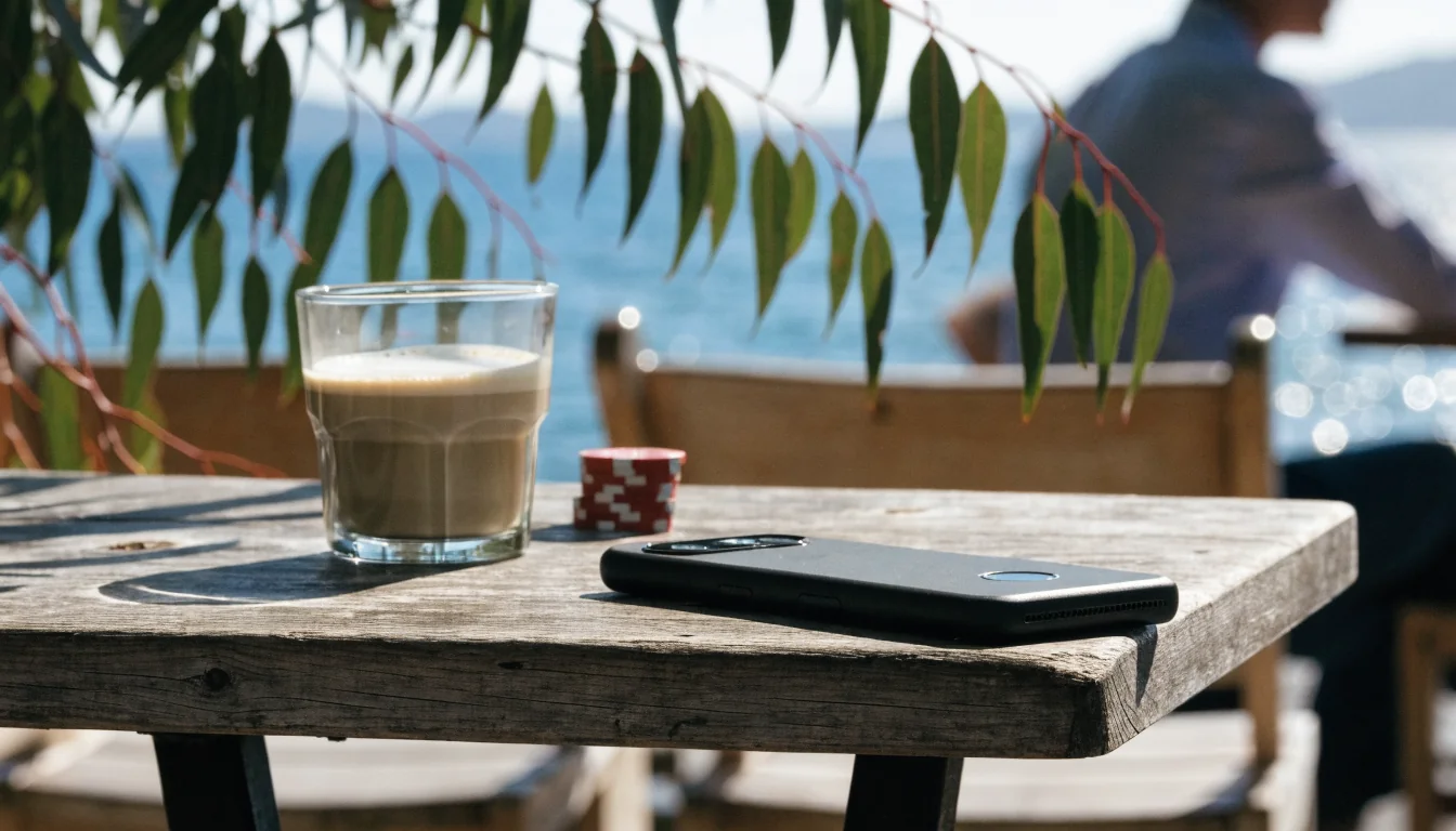 Android phone on outdoor Australian café table with coffee and poker chips