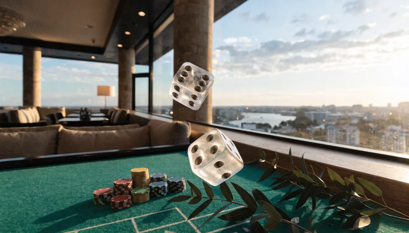 Dice and casino chips on a craps table in a sunlit Australian lounge setting.