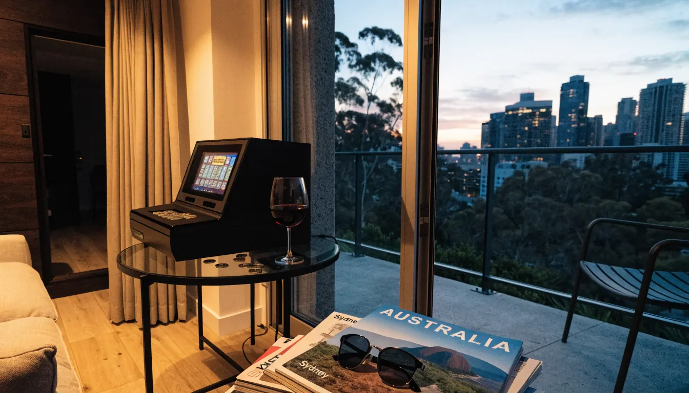 Australian lounge with slot machine, coins, wine, and Sydney skyline view
