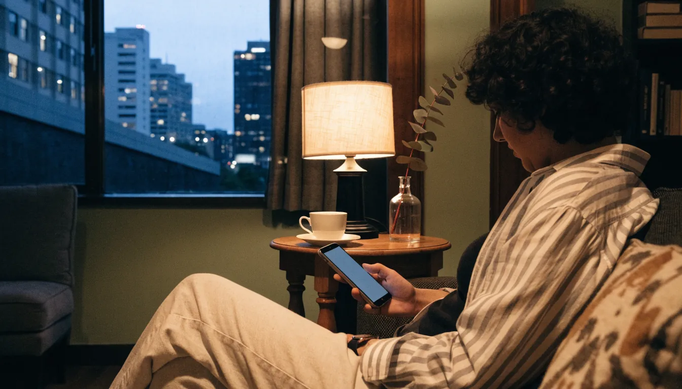 Australian player relaxing with smartphone in a modern living room, Melbourne evening view.