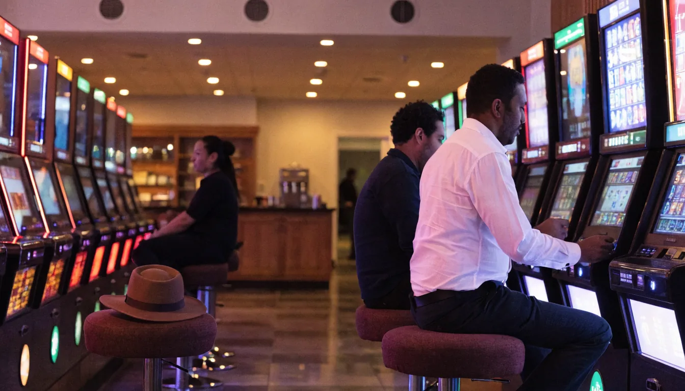 Modern Perth gaming lounge with glowing pokie machines and casual patrons