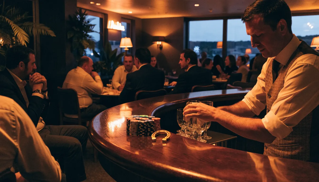 Australian casino lounge with chips and golden horseshoe on the bar at dusk.