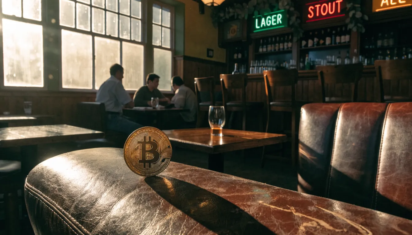 Bitcoin coin on a leather booth inside an Australian pub with neon signs