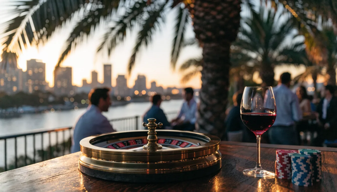 Roulette wheel and casino chips on a terrace table at sunset with an Australian harbor skyline in the background.