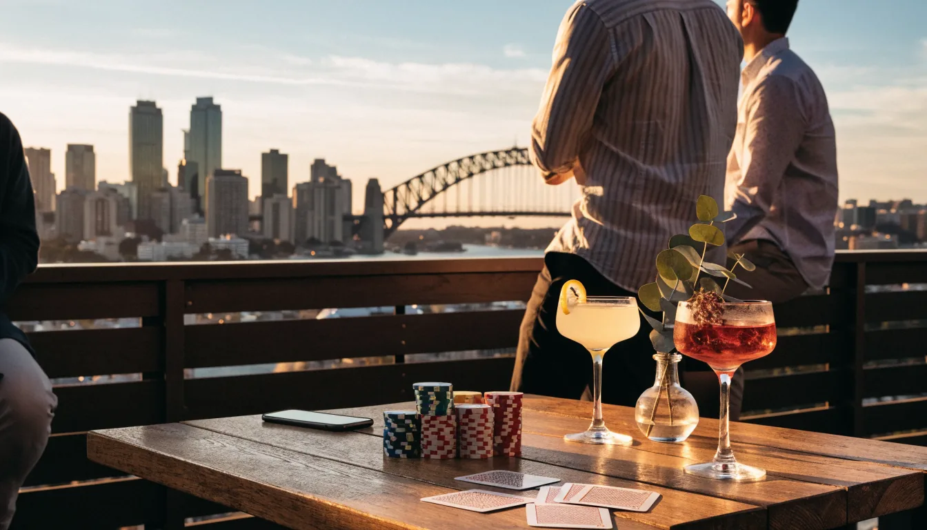 Australian rooftop bar with casino chips, cards, and city skyline at dusk