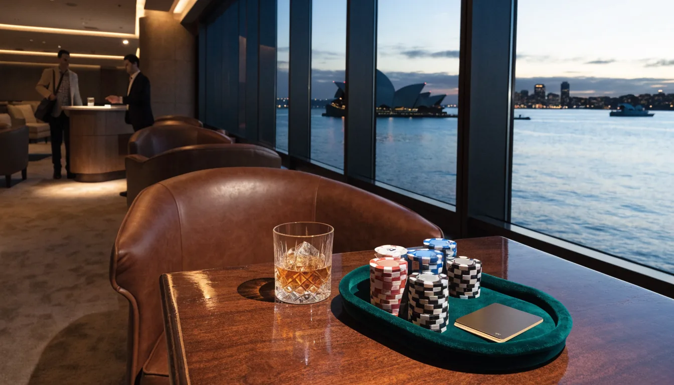 Sydney VIP lounge with harbour view, chips, whisky, and concierge service