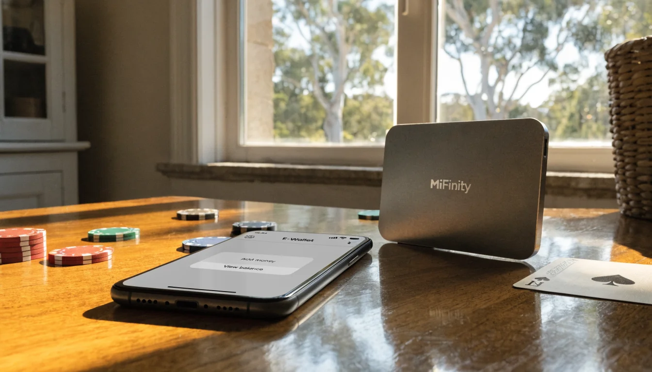 Smartphone with e-wallet app, MiFinity card, poker chips and playing card on sunlit table in Australian home.