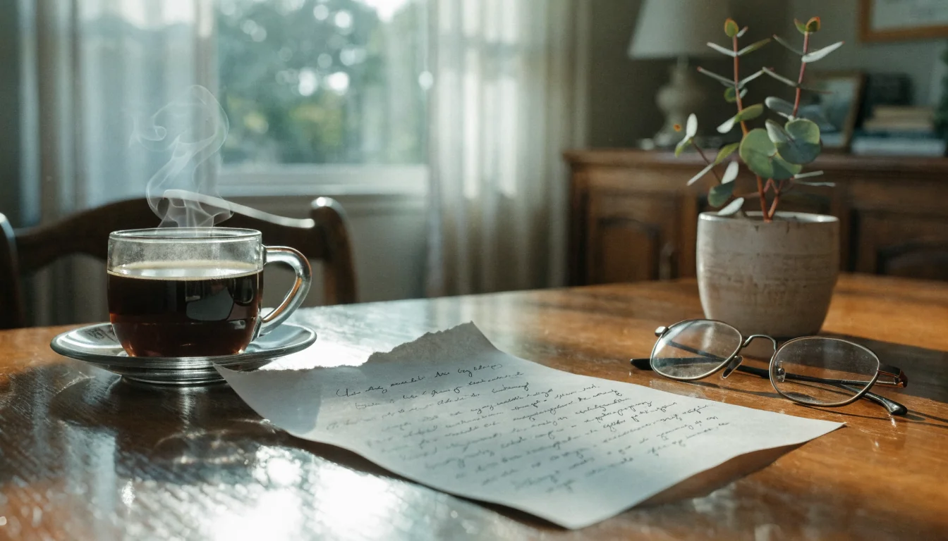 Handwritten letter on a sunlit wooden desk with coffee mug and eucalyptus plant.