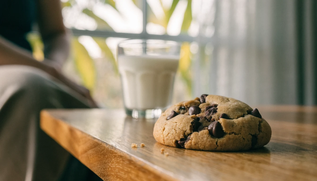 Chocolate chip cookie on a wooden bench with warm morning light