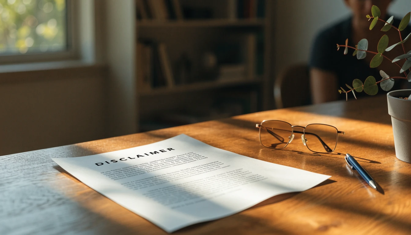 Disclaimer document on a desk with reading glasses, pen and a potted eucalyptus plant in warm light.