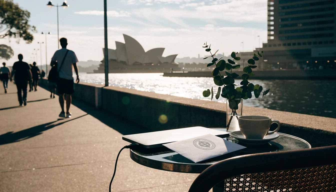 Australian waterfront café table with closed laptop and official envelope.