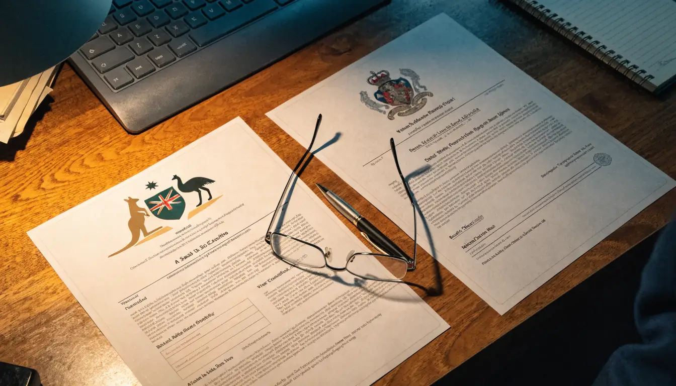 Two formal certificates from different jurisdictions on a wooden desk.