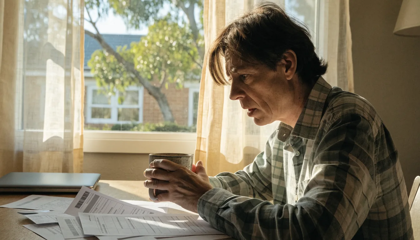 Person reviewing bank statements at a sunlit Australian home desk.