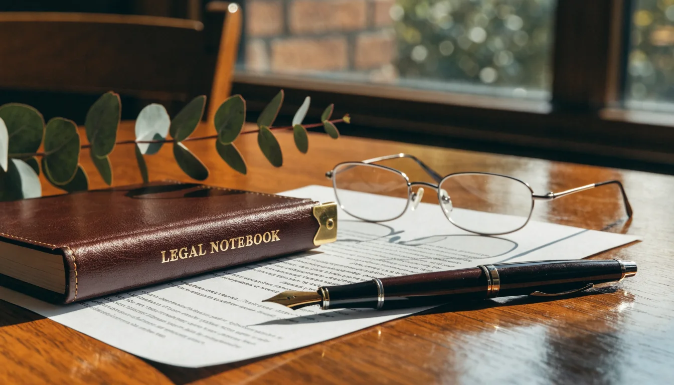 Wooden desk with legal notebook, pen, glasses, and printed document in warm light.