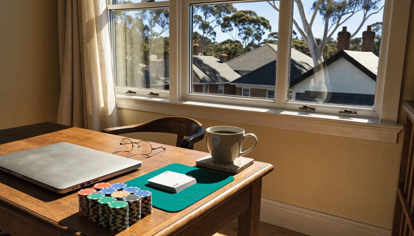 Australian home study desk with closed laptop, casino chips, and face-down cards by a sunny window with eucalyptus trees outside.