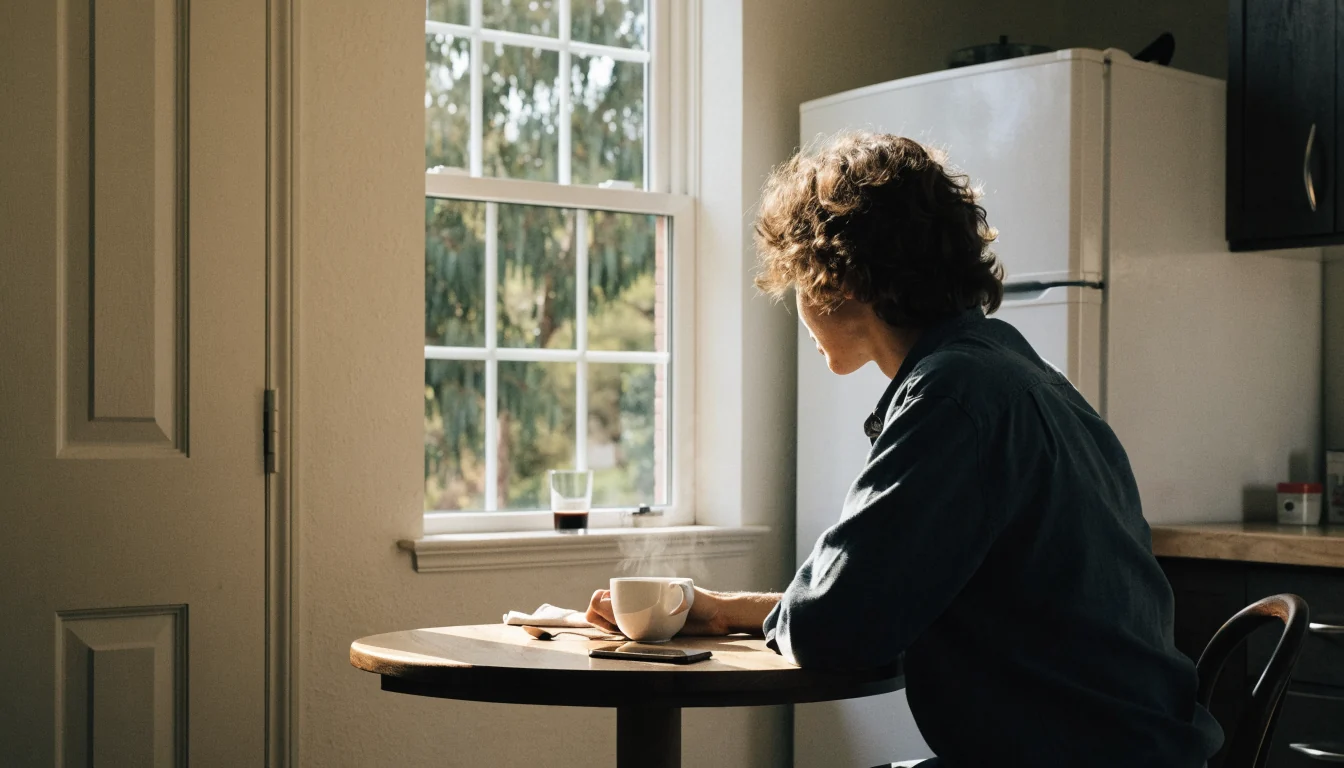 Person at kitchen table with face-down phone and coffee, contemplating their gambling habits.