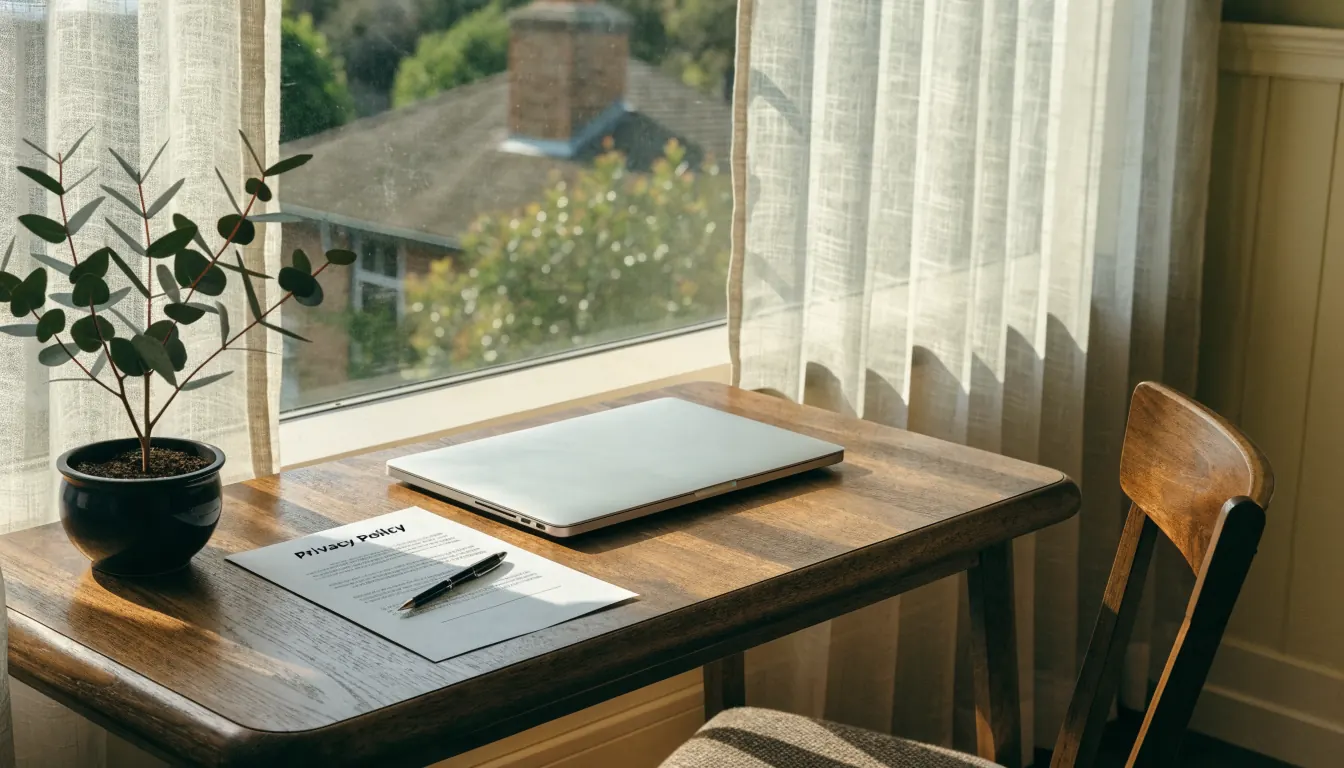 A desk with a privacy policy document and a closed laptop in a sunlit Australian home.
