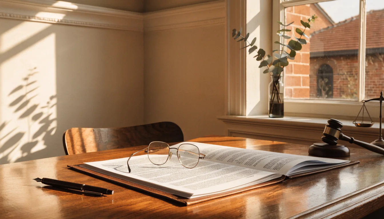 Legal documents on a wooden desk with a gavel, reading glasses, and Australian eucalyptus accents